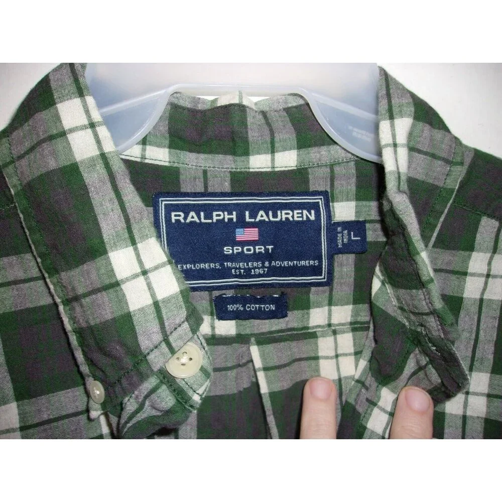 Ralph Lauren Sport Green White Plaid Button Front Short Sleeve Mens Top L - Picture 4 of 5